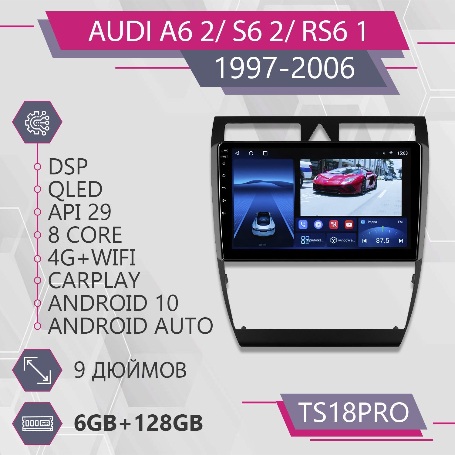 

Штатная автомагнитола TS18Pro/ 6+128GB Audi A6 2 S6 2 RS6 Айди А6 2 С6 2 РС6 магнитола And, TS10PROAudiA6