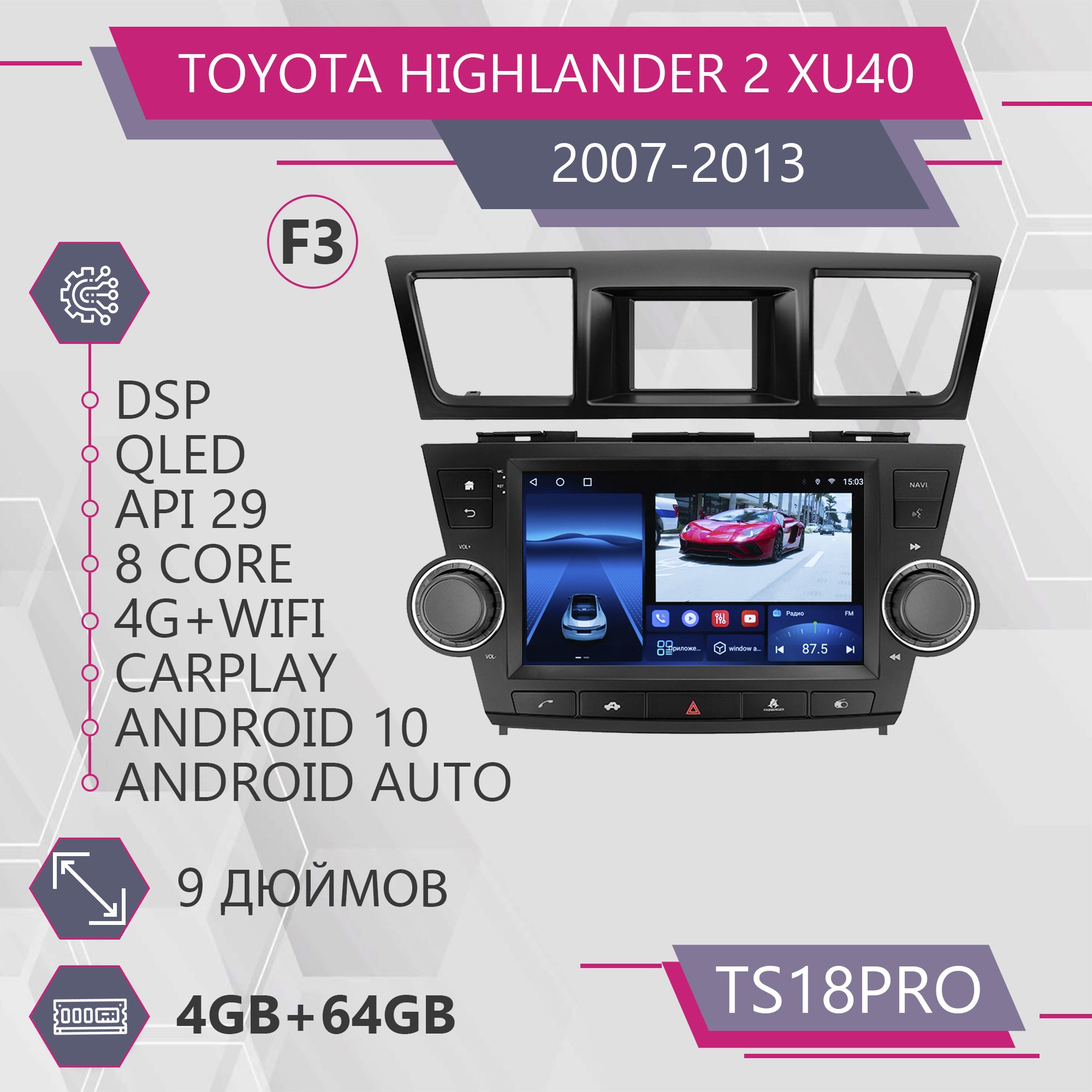 

Штатная магнитола TS18Pro 4+64GB для автомобиля Toyota Highlander 2 XU40 Тойота магнитола, TS18PROTHighlander2F3