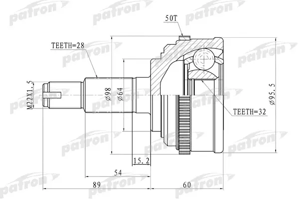 

ШРУС наружн 28x64x32 ABS:50T Honda: CRV 97-00 PATRON PCV9574