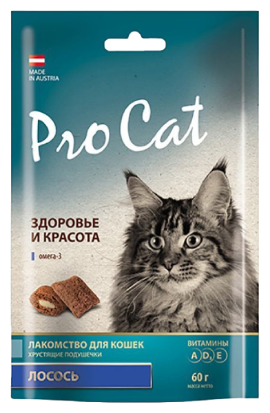 фото Лакомство pro cat хрустящие подушечки лосось здоровье и красота для кошек 60 г х 10 шт