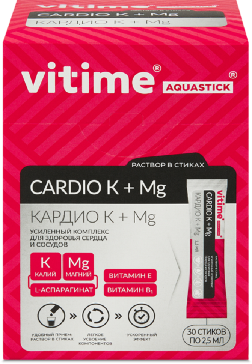 Калий + Магний ВТФ VITime Aquastick Cardio Витайм Аквастик Кардио, стики, 30 шт