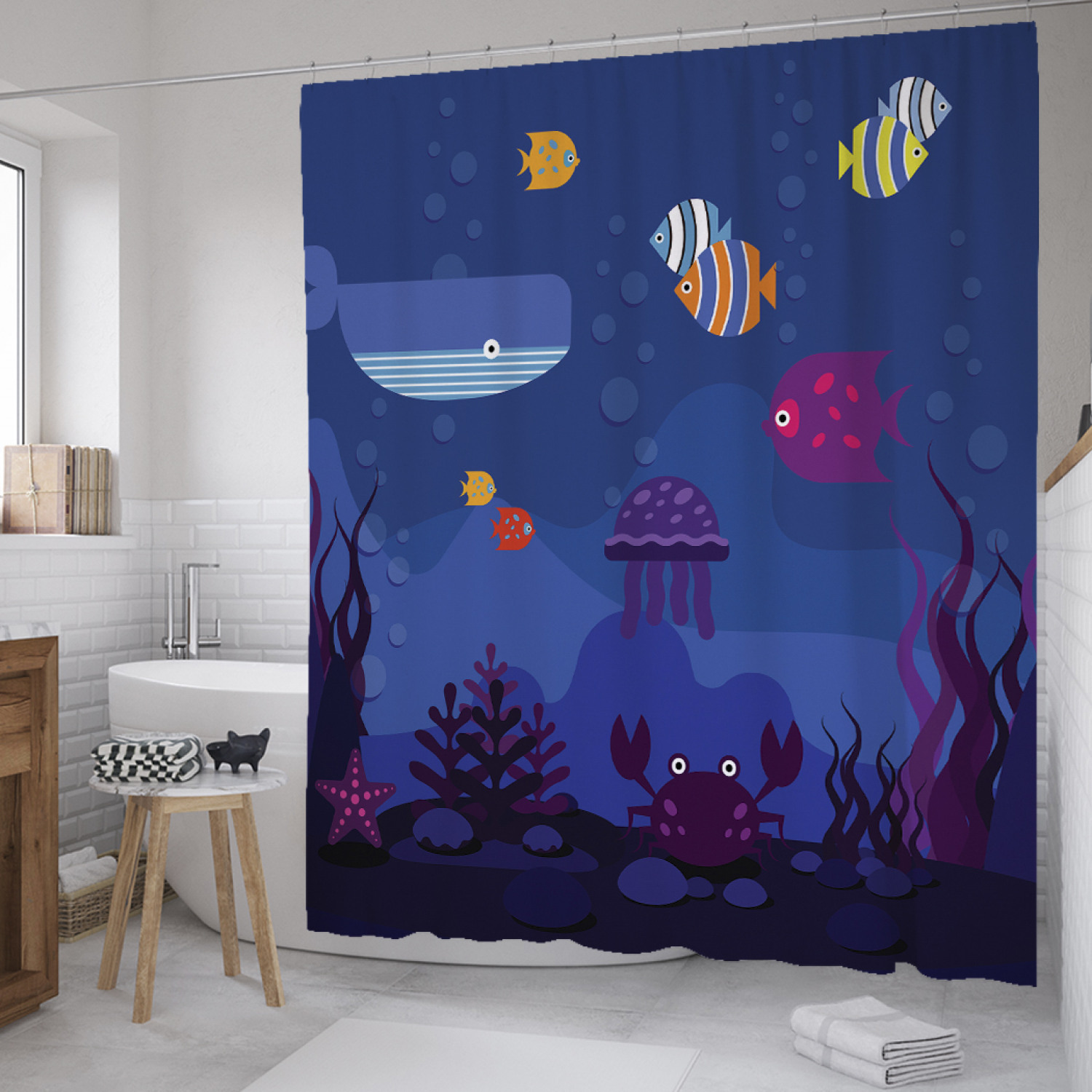 

Штора для ванной JoyArty "Полосатые рыбы" из сатена, 180х200 см с крючками, Синий, Полосатые рыбы
