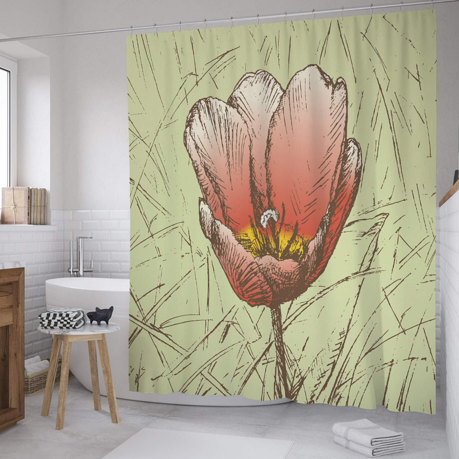 

Штора для ванной JoyArty "Тюльпан акварель" из сатена, 180х200 см с крючками, Зеленый, Тюльпан акварель