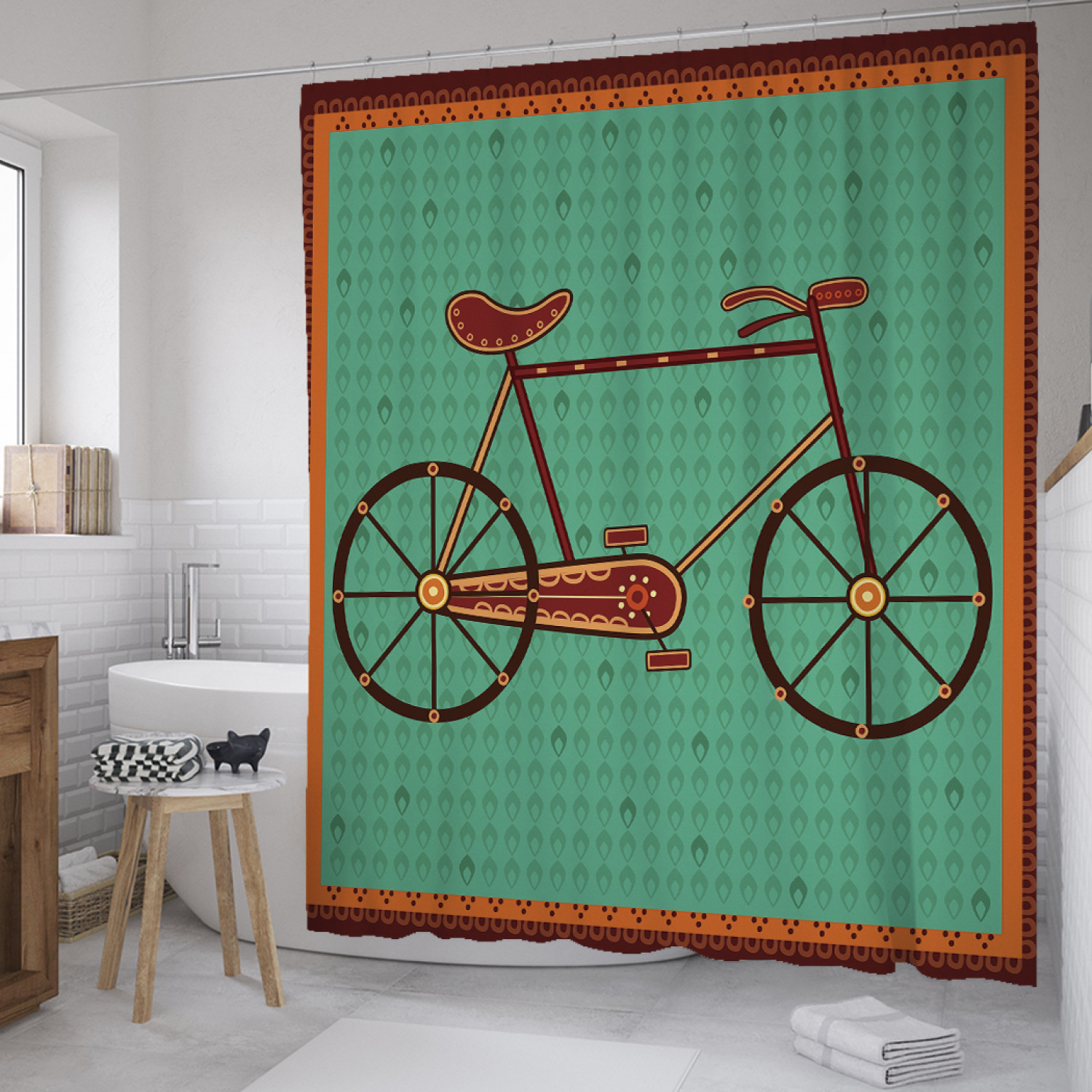 фото Штора для ванной joyarty "велосипед на ковре" из сатена, 180х200 см с крючками