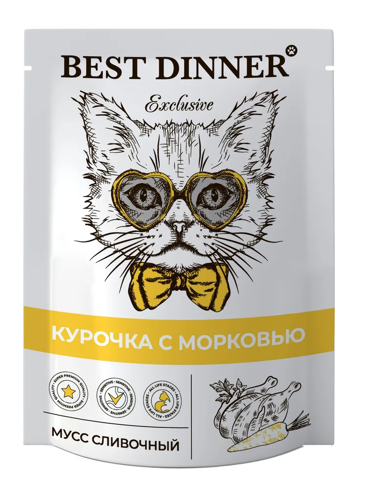 

Влажный корм для кошек Best Dinner Exclusive с курицей и морковью, 24шт по 85г, Exclusive