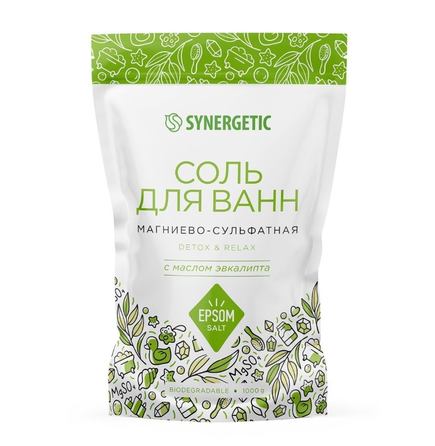 

Соль для ванн Synergetic магниево-сульфатная с маслом эвкалипта, 1 кг, Белый