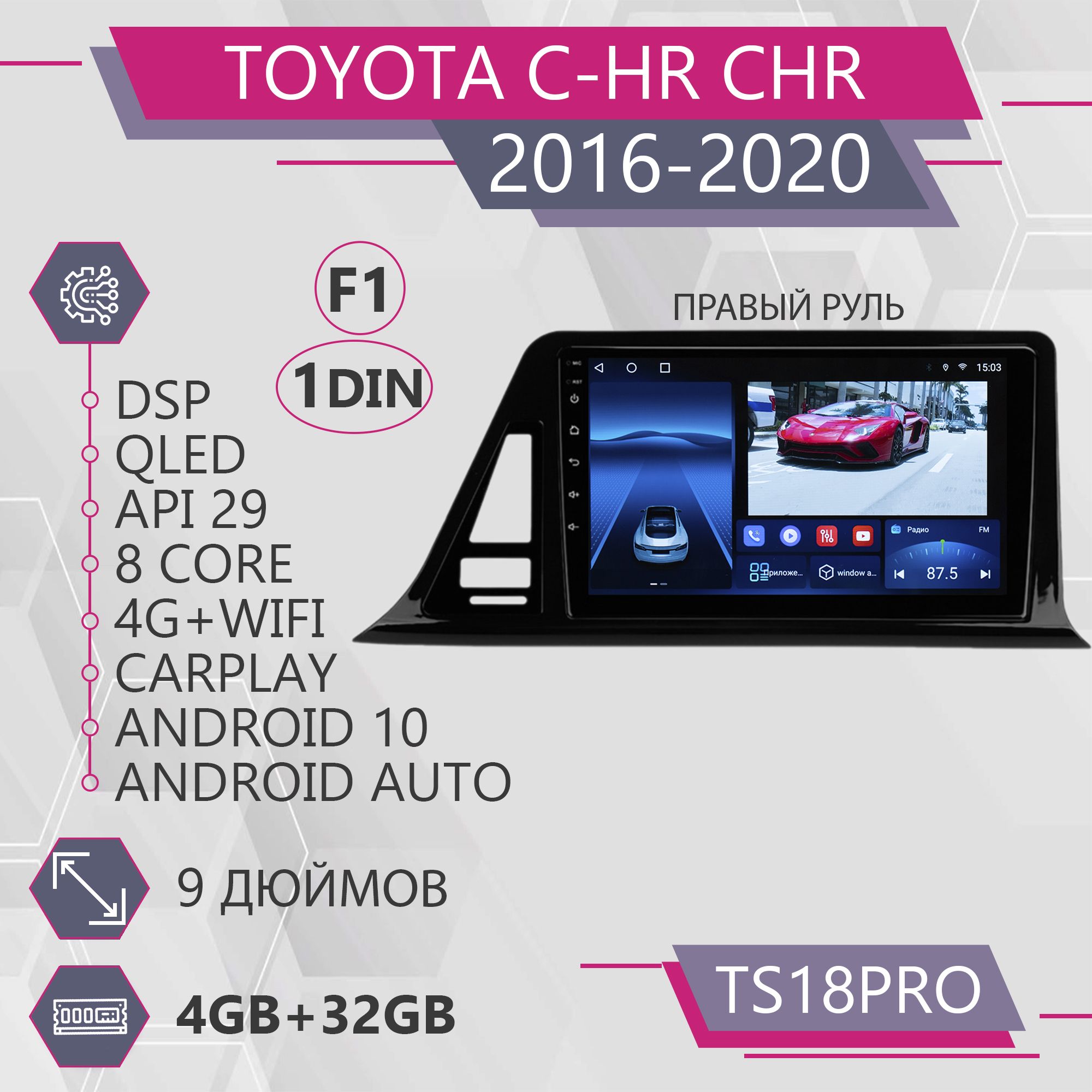 Штатная магнитола TS18Pro432GB для Toyota C-HR CHR 2016-2020 правый руль F1 магнитола 19500₽