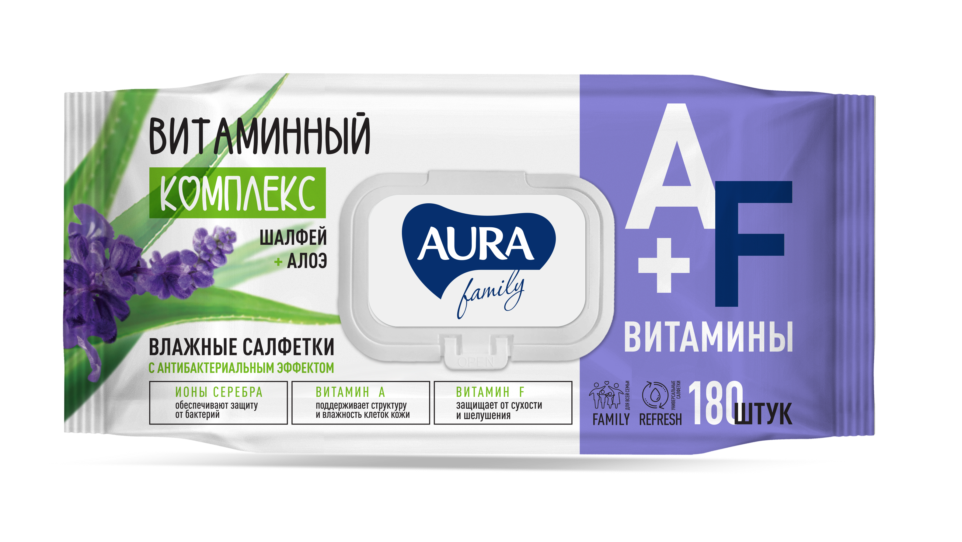 Влажные салфетки Aura Family с антибактериальным эффектом 180 шт.
