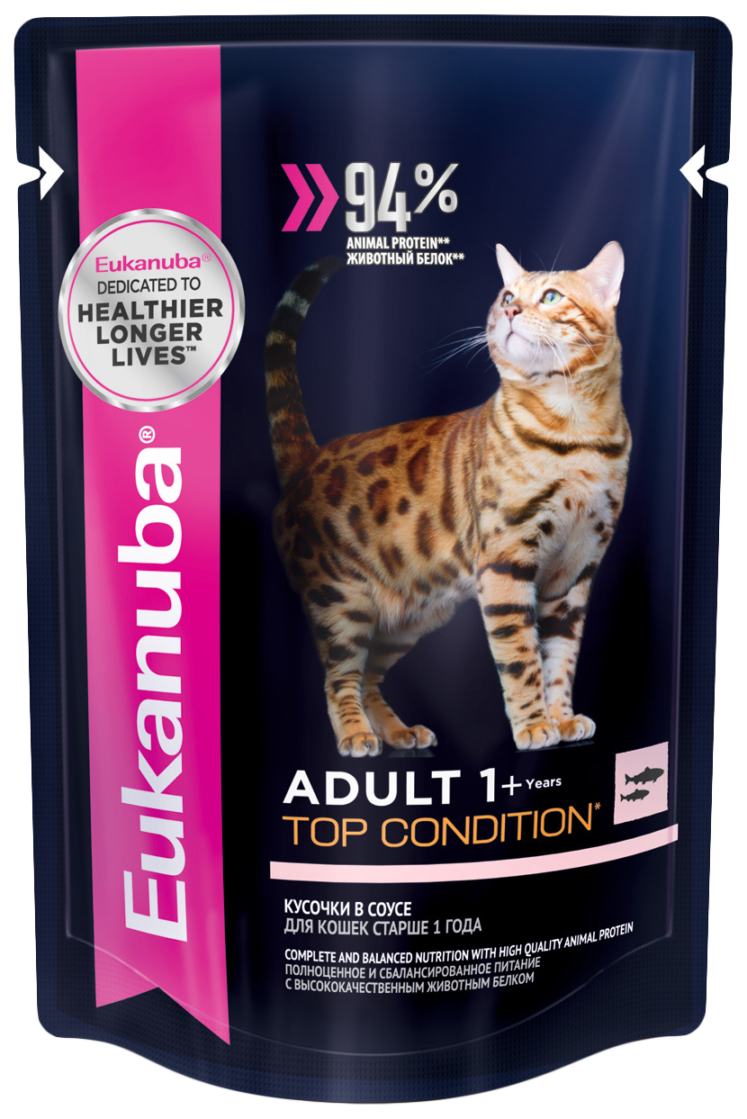 Влажный корм для кошек Eukanuba Adult Top Condition, с лососем, для взрослых, 24шт по 85г