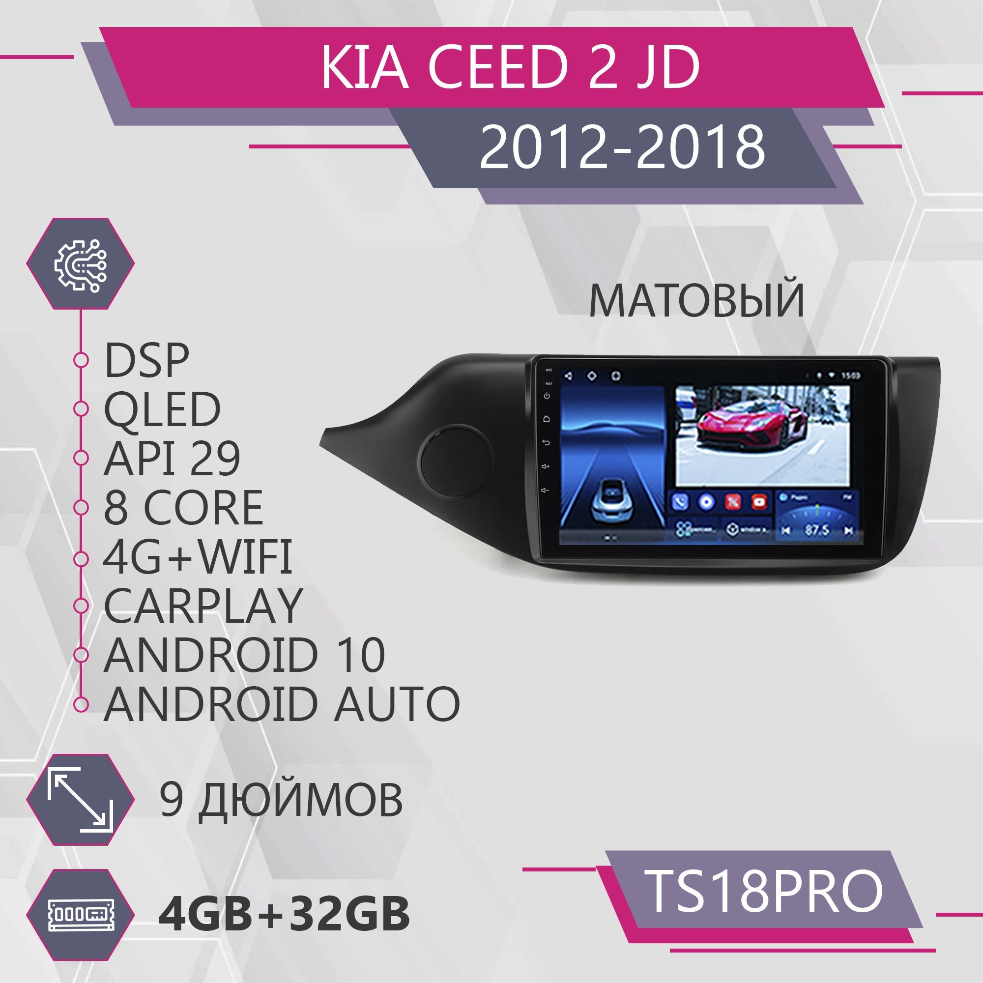 

Штатная магнитола TS18Pro/4+32GB/ для Kia CEED 2/ Киа Сид 2 Черная матовая рамка магнитола, TS18PROKCeed2MAT