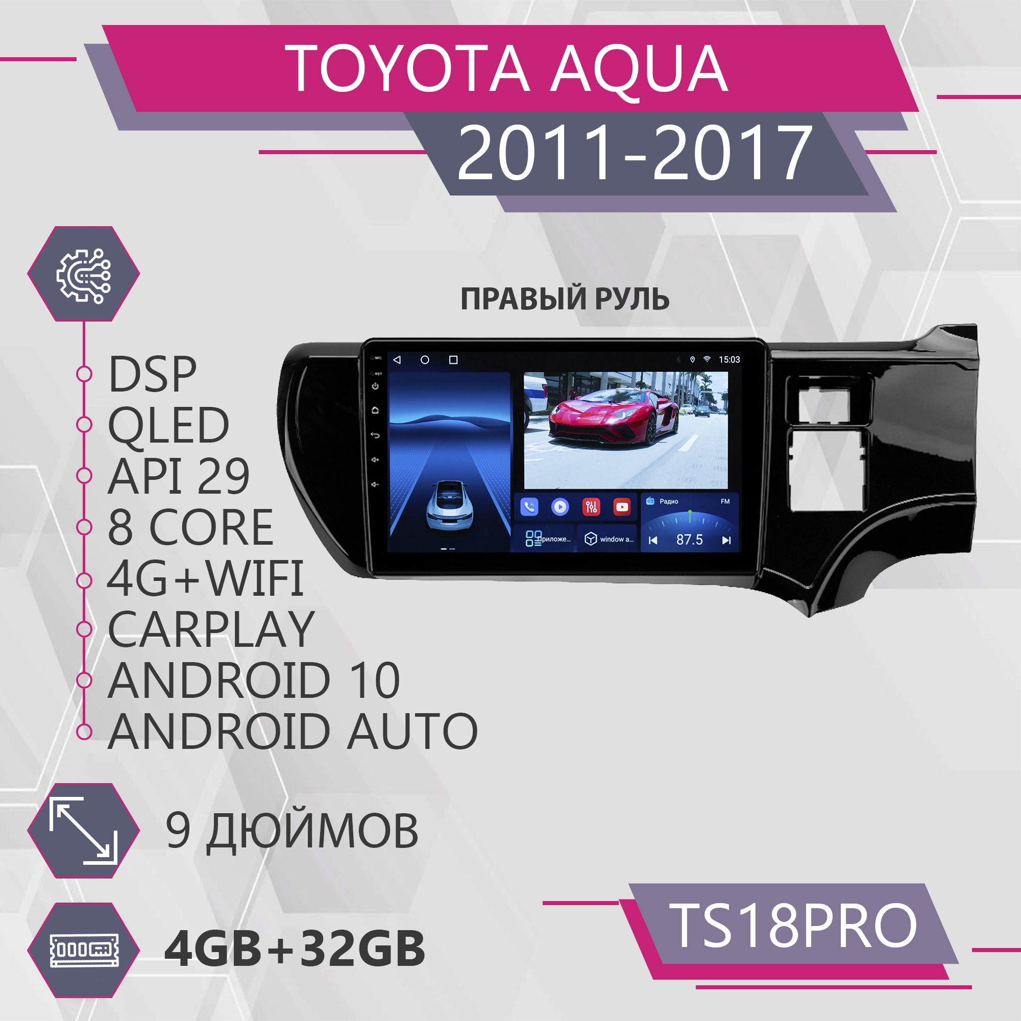 

Штатная магнитола TS18Pro/4+32GB/ для Toyota Aqua /Right hand driver/Тойота Аква магнитола, TS18ProToyotaAquaRD