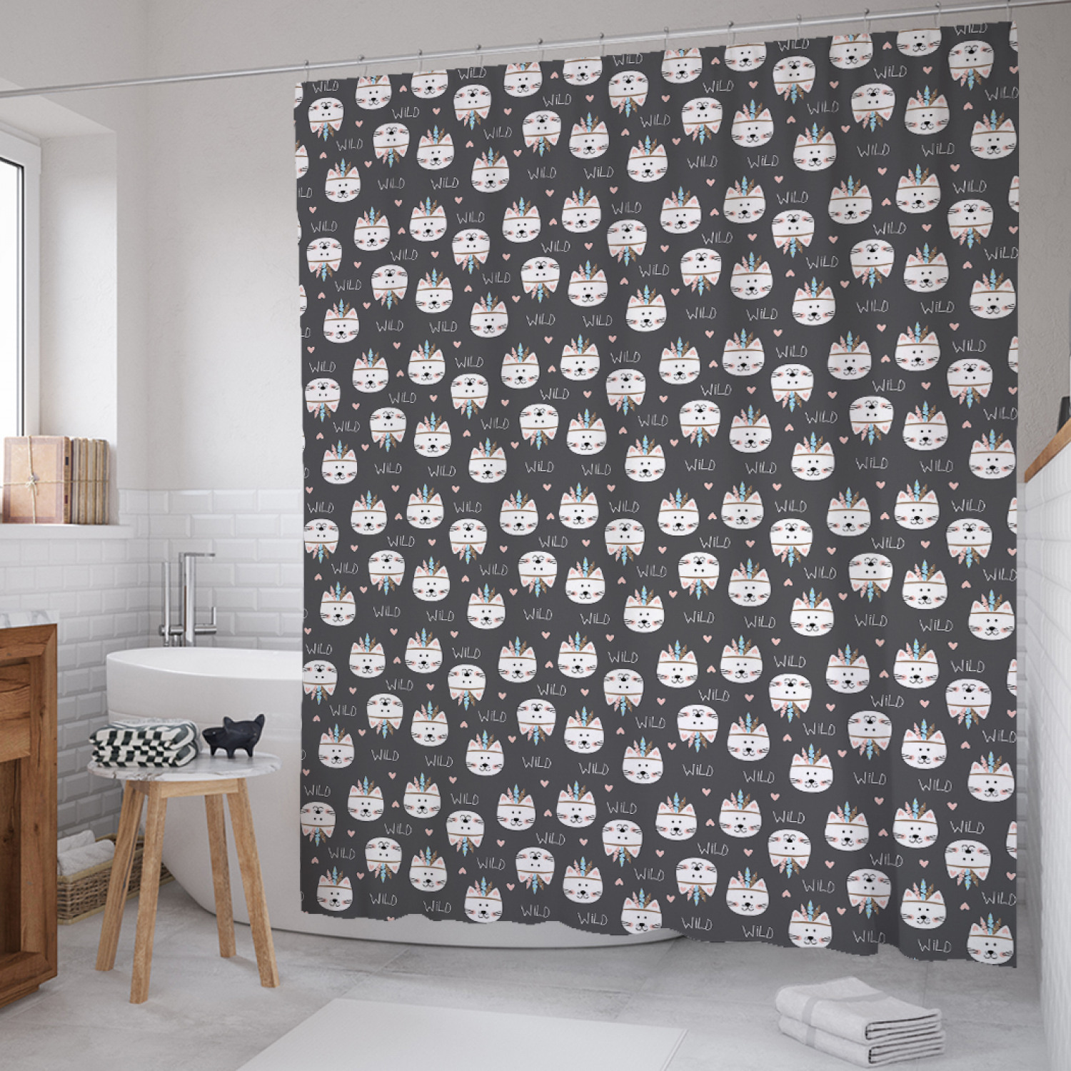 

Штора для ванной JoyArty "Дикий кот" из сатена, 180х200 см с крючками, Серый, Дикий кот