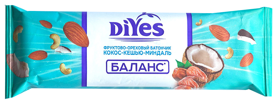 Батончик фруктово-ореховый DiYes Кокос кешью миндаль с молочным шоколадом 40г