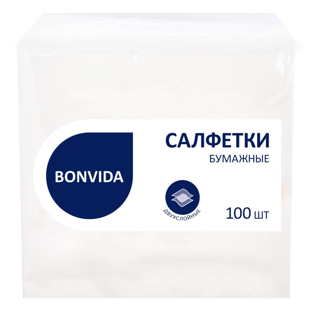 Салфетки бумажные Bonvida двухслойные сервировочные белые 40 х 40 см 100 шт
