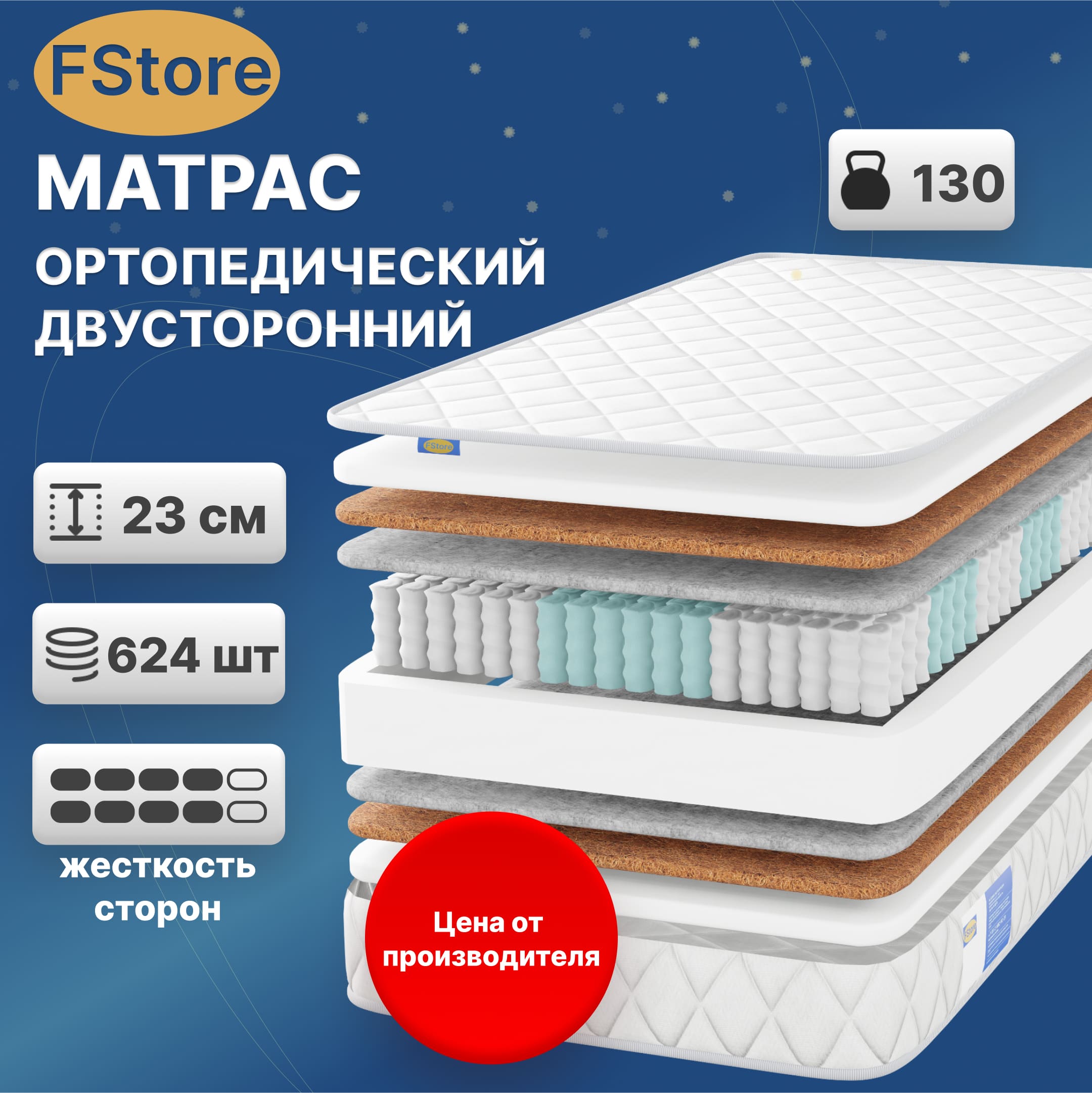 Ортопедический матрас FStore Orto Duo, Независимые пружины, 200х200 см
