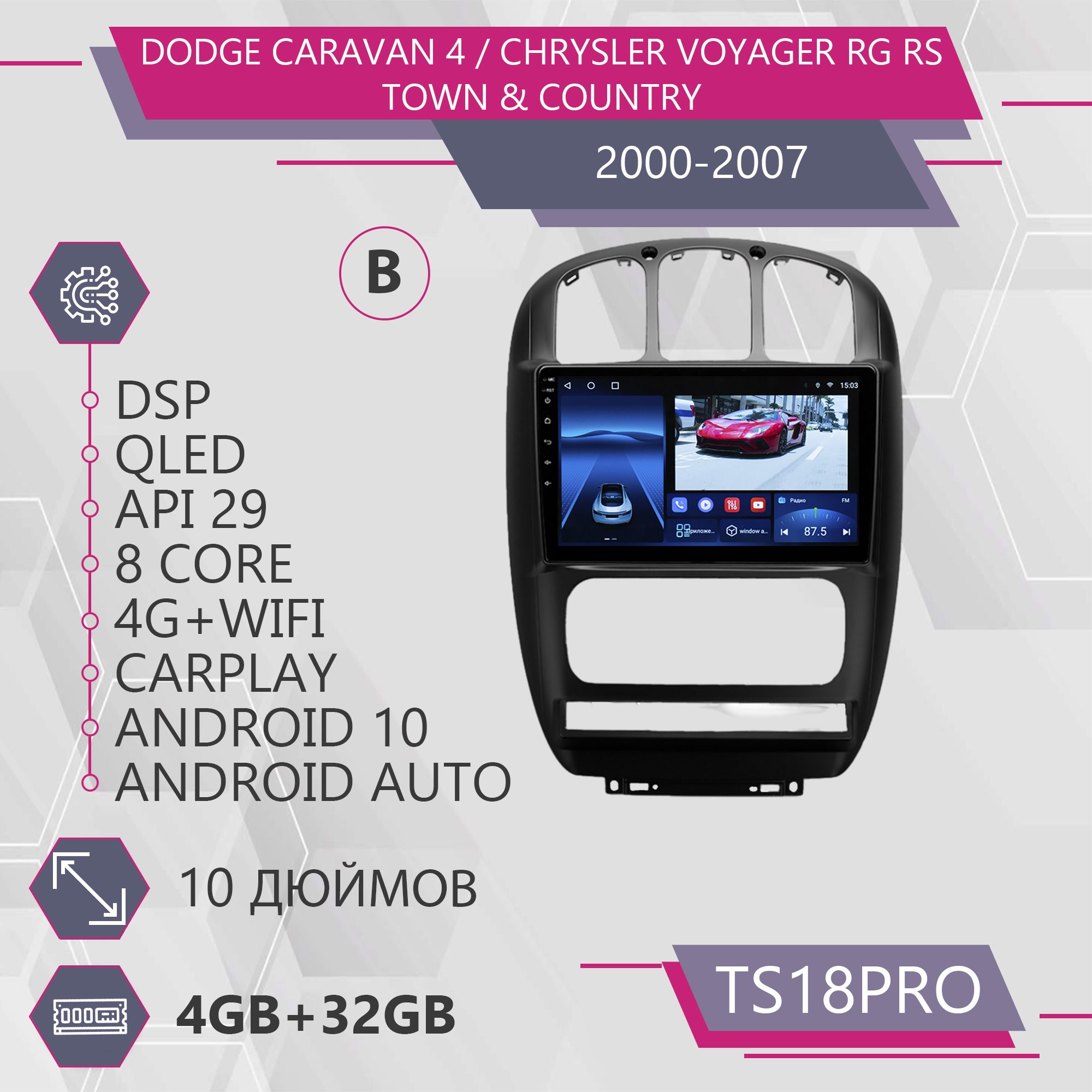 

Штатная магнитола TS18Pro 4+32GB Dodge Caravan 4 Chrysler Voyager RG RS Town Country 2000-, TS18PROChrysler2000B