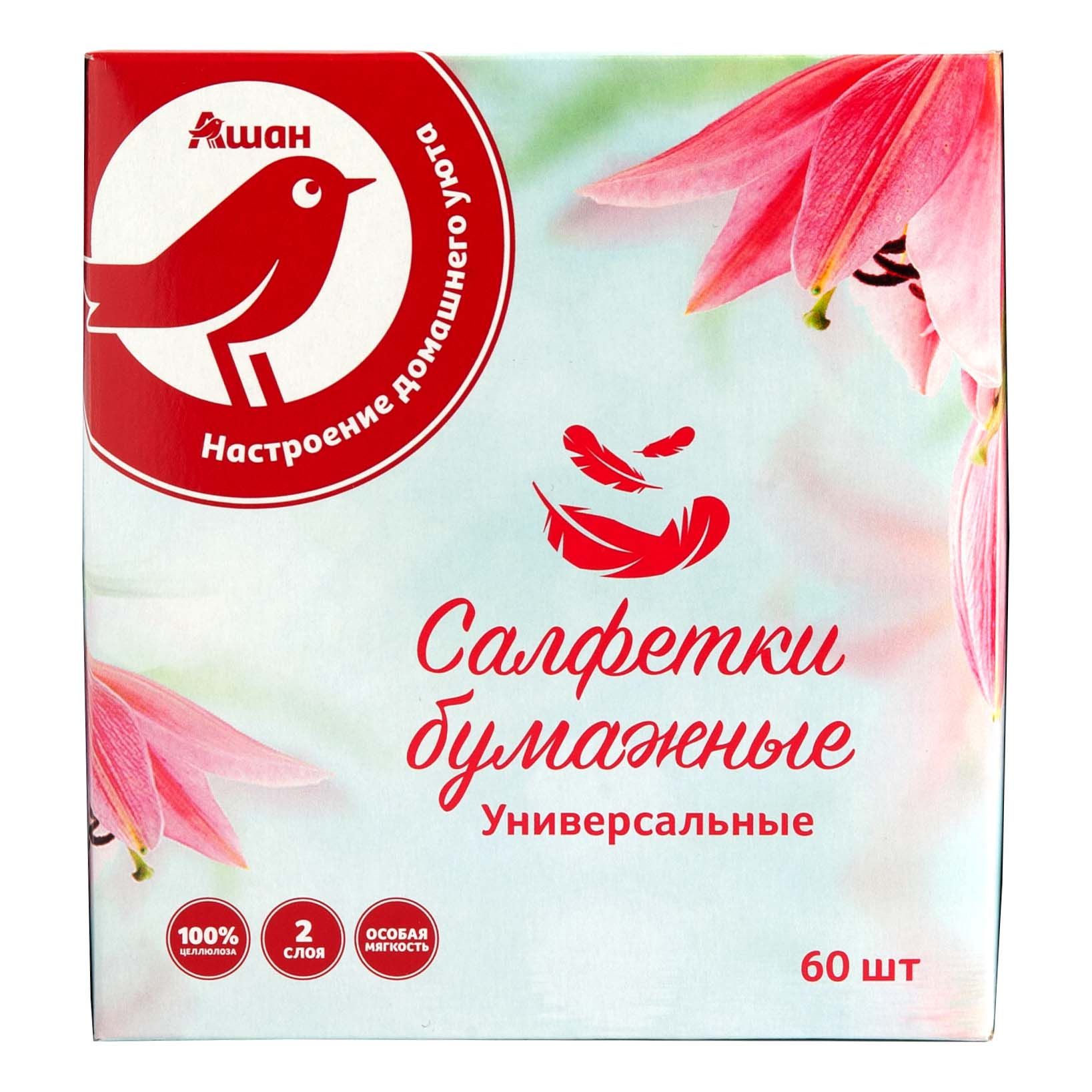 

Салфетки АШАН Красная птица в боксе 60 шт, Белый, 29711333