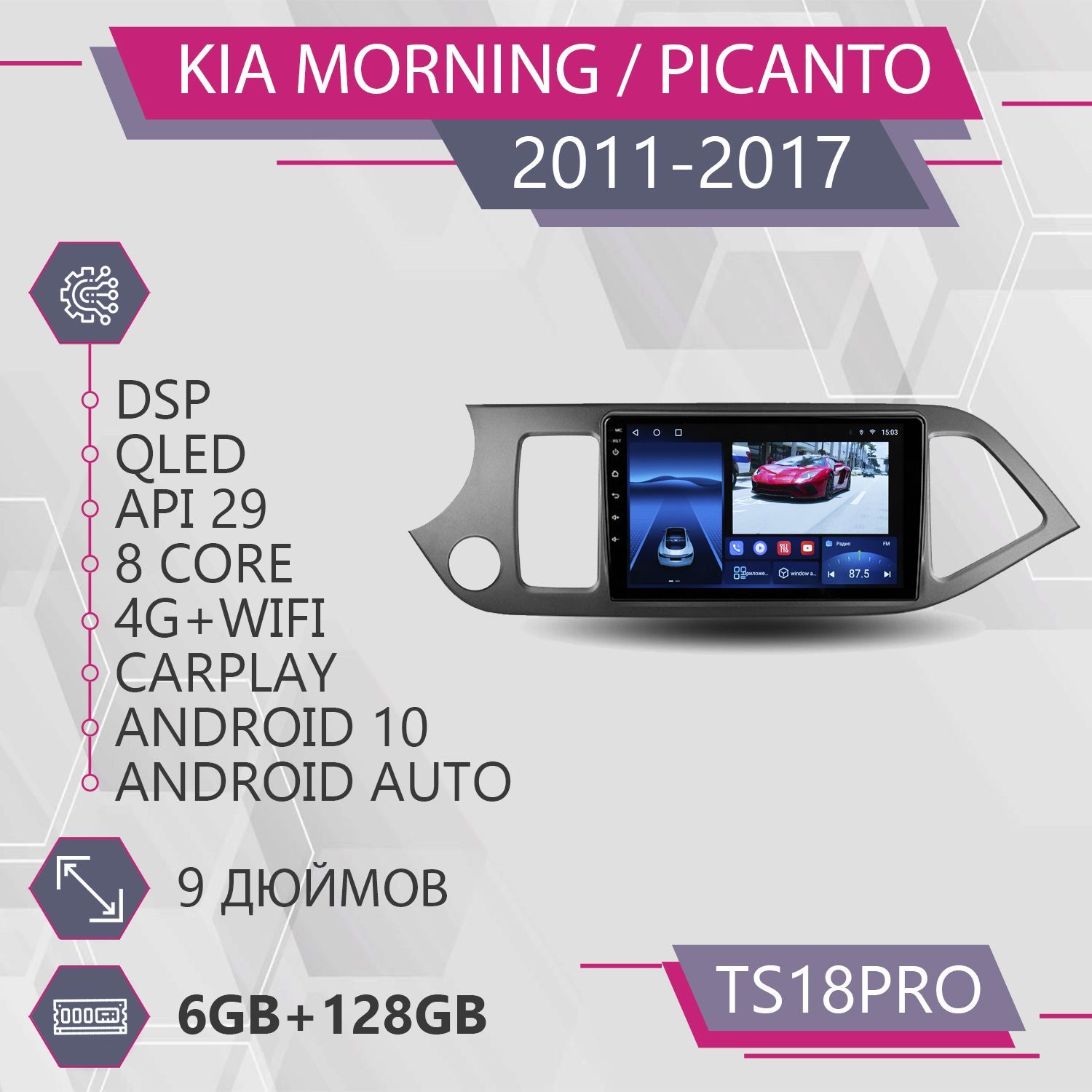 

Штатная автомагнитола TS18Pro/ 6+128GB для Kia Morning Picanto Киа Морнинг Пиканто магнито, TS18PROKMorning2011