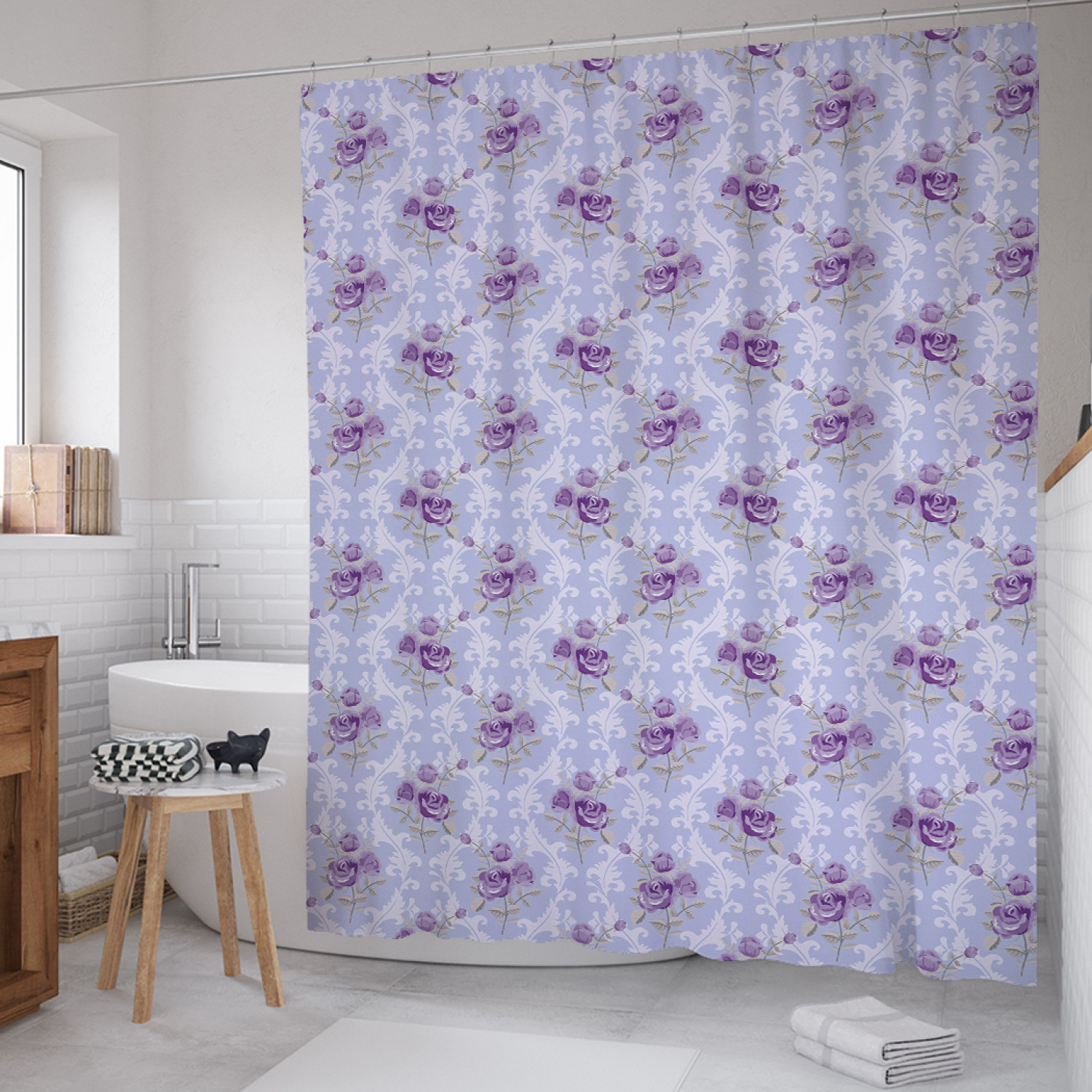 

Штора для ванной JoyArty "Розы в винтажный узорах" из сатена, 180х200 см с крючками, Фиолетовый, Розы в винтажный узорах