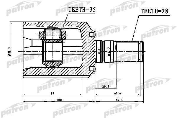 

ШРУС левый 28X33X35 HYUNDAI SANTA FE (CM) 2006-2012, KIA SORENTO (XM) 2009- PATRON PCV1752