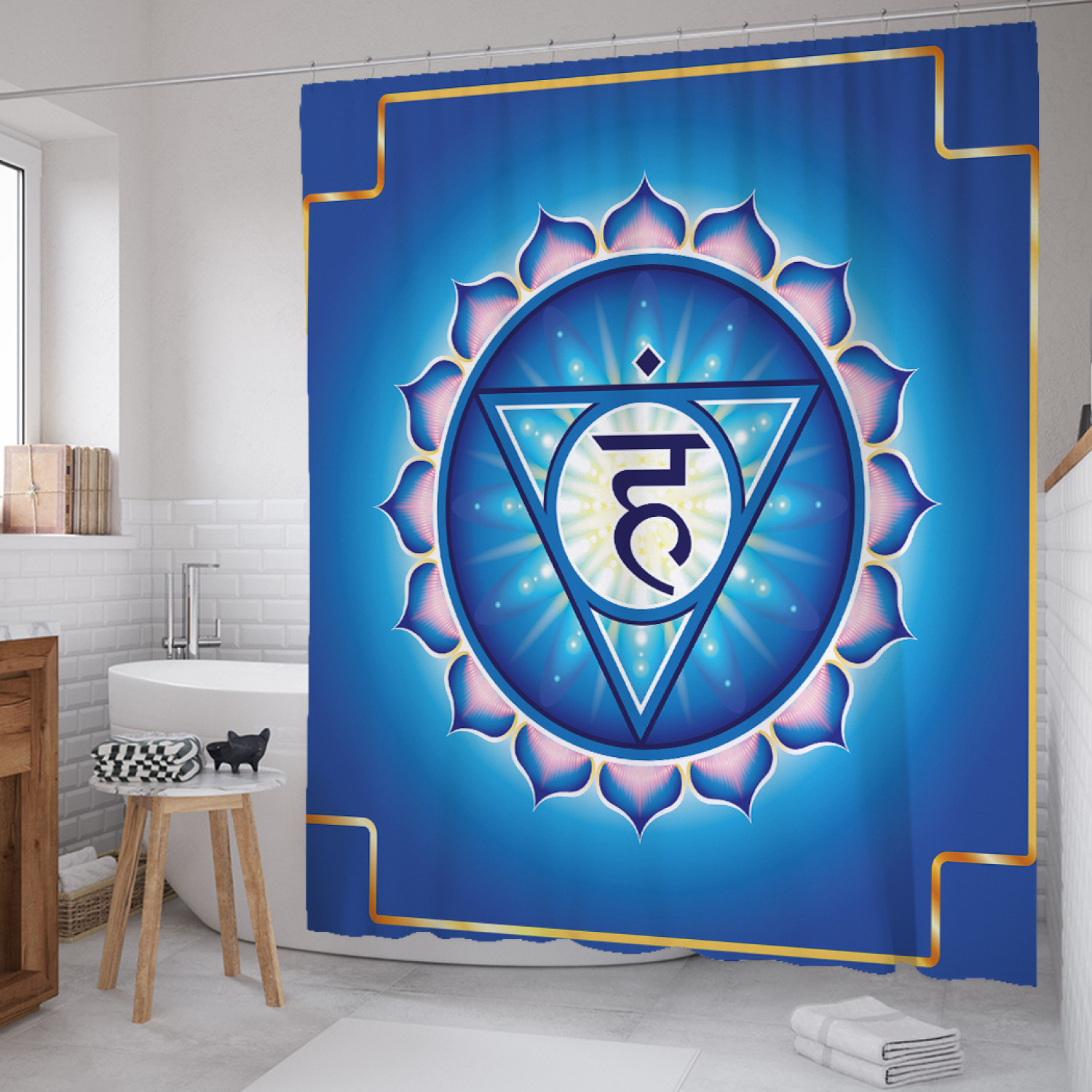 

Штора для ванной JoyArty "Чакра вишудха" из сатена, 180х200 см с крючками, Синий, Чакра вишудха