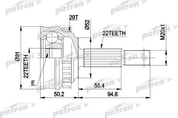 

ШРУС наружн к-кт 22x52x22 D81 ABS29T OPEL VECTRA/ASTRA 1.4- с и без ABS 8. PATRON PCV1056