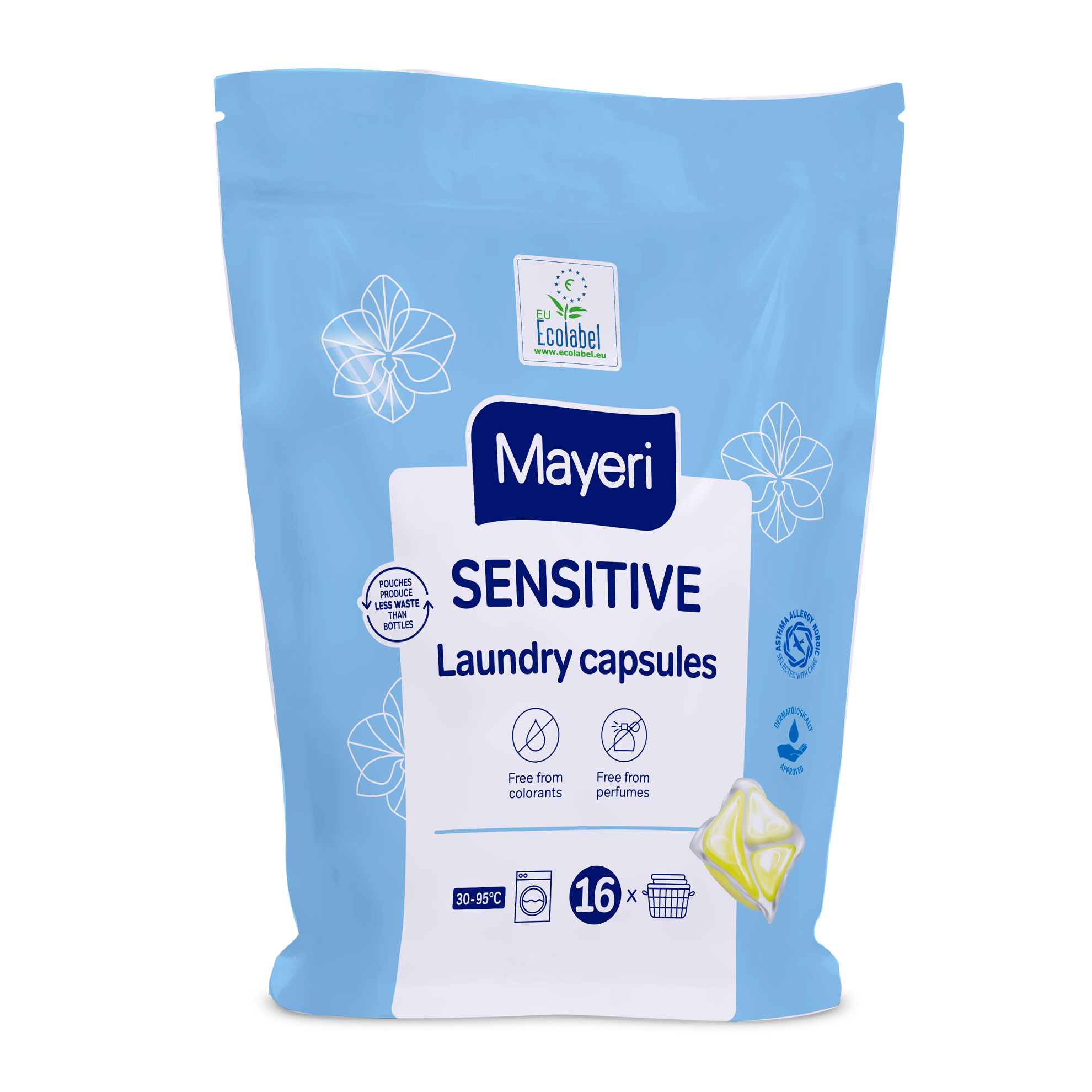 

Капсулы для стирки белья 3в1 ЭКО Mayeri Sensitive, гипоаллергенные с кондиционером, 16 шт