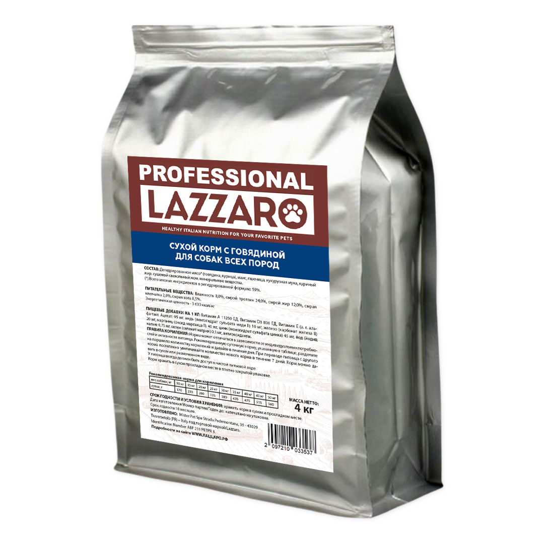 

Сухой корм для собак Lazzaro с говядиной 4 кг, Корм сухой