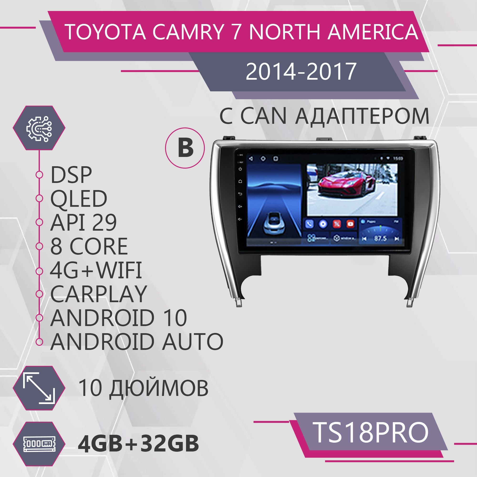 

Штатная автомагнитола TS18Pro/ 4+32GB/ Toyota Camry 7 XV 50/55 North America/ Тойота Камри, TS18PROTCamry7AmericaB