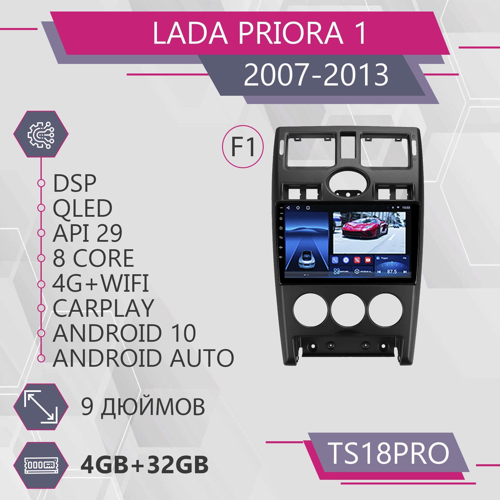 

Штатная магнитола TS18Pro/4+32GB/LADA Priora BLACK F1/ЛАДА Приора Черный Часы сверху магни, TS18PROPrioraBlackF1