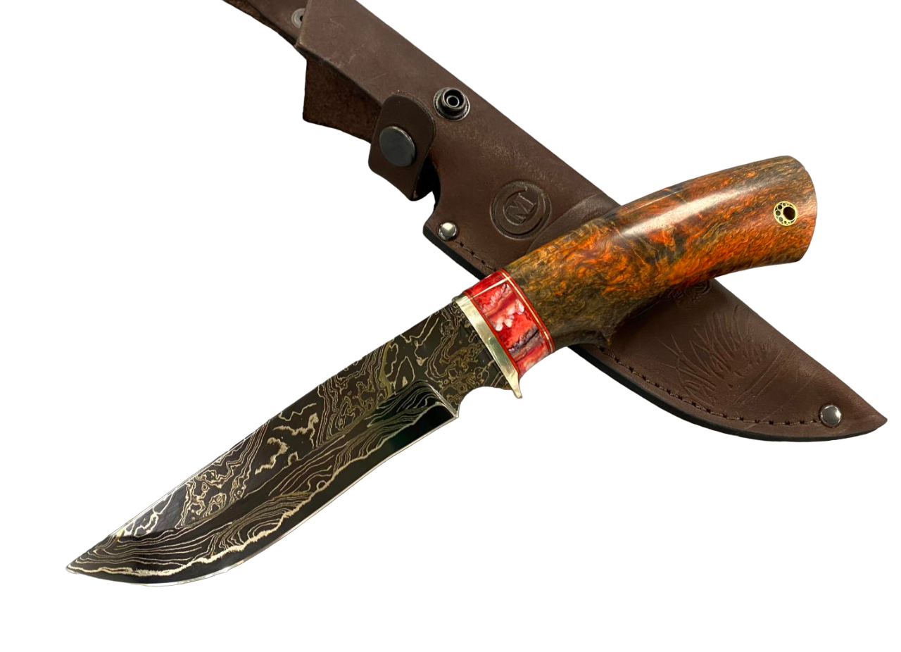 Нож Семин Галеон, ламинированная дамасская сталь, мельхиор, зуб мамонта, стаб.карел.береза