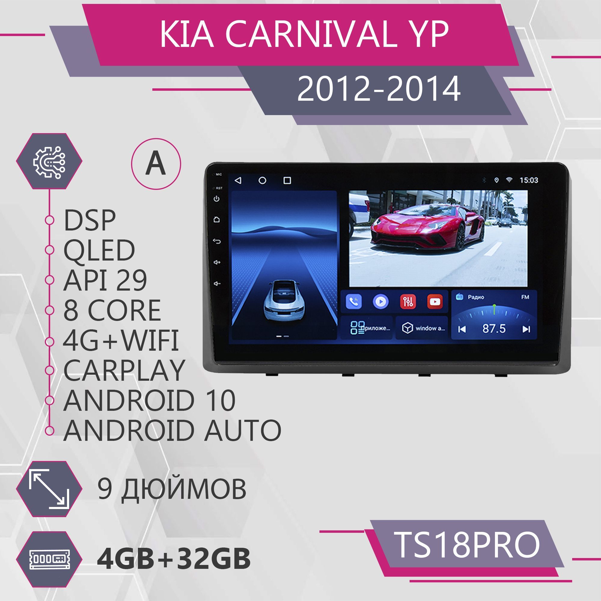 

Штатная автомагнитола TS18Pro/ 4+32GB/ для автомобиля Kia Carnival YP / Киа Карнивал магни, TS18PROKCarnivalYPА