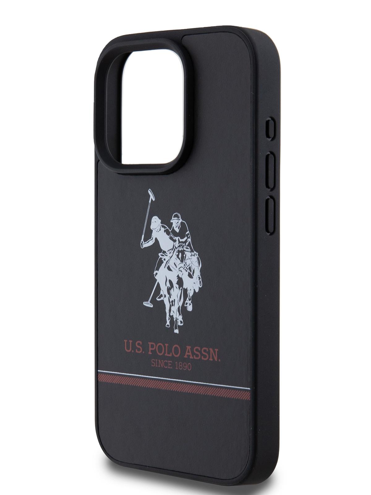 Чехол U.S. Polo для iPhone 15 Pro из экокожи Double horse logo Hard Black