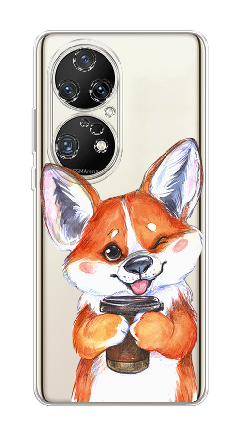 

Чехол на Huawei P50 Pro "Корги с кофе", Оранжевый;белый, 6105050-4
