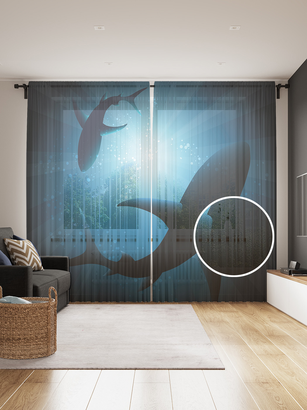 

Фототюль JoyArty "Кружение акул", 145x265см (2 полотна со шторной лентой + 50 крючков), Кружение акул