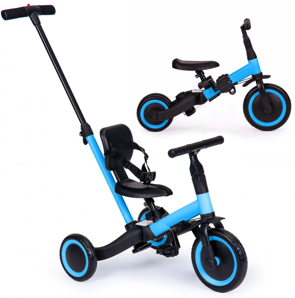 Детский беговел-велосипед CS Toys 4в1 с родительской ручкой, синий - TR007-BLUE белое поло с черным воротником button blue 140