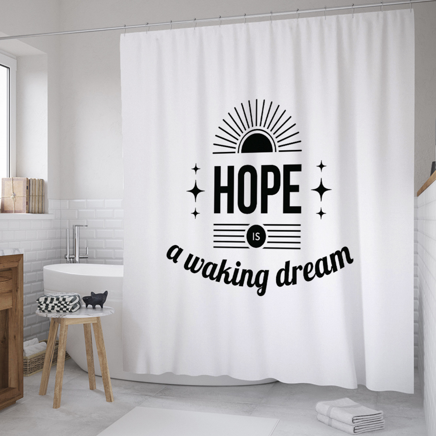 

Штора для ванной JoyArty "Надежда это сон наяву" из сатена, 180х200 см с крючками, Белый, Надежда это сон наяву