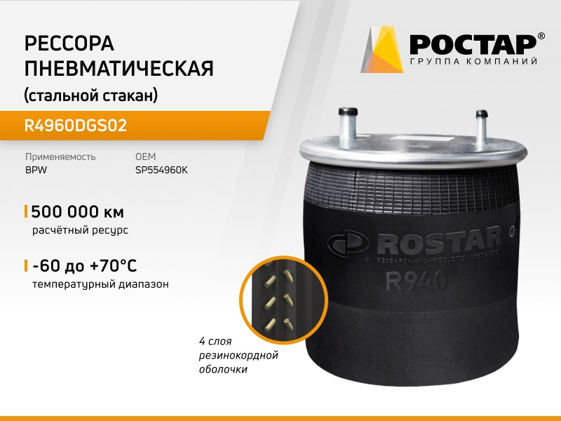 Рессора пневматическая Ростар R4960DGS02 (SP554960K) (стальной стакан)