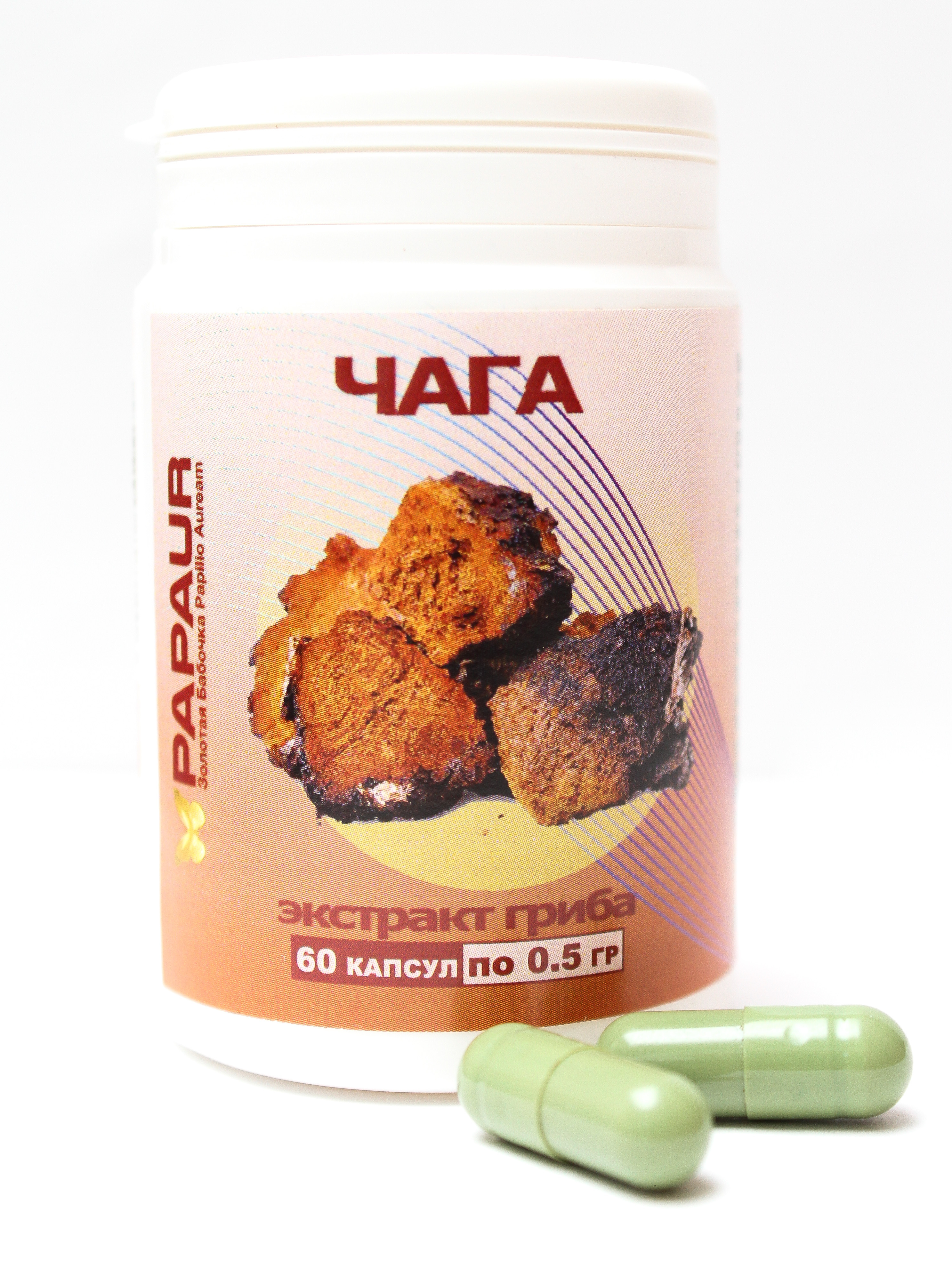 Чага экстракт гриба водорастворимый сухой 100% Papaur капсулы 60 шт по 0,5 г