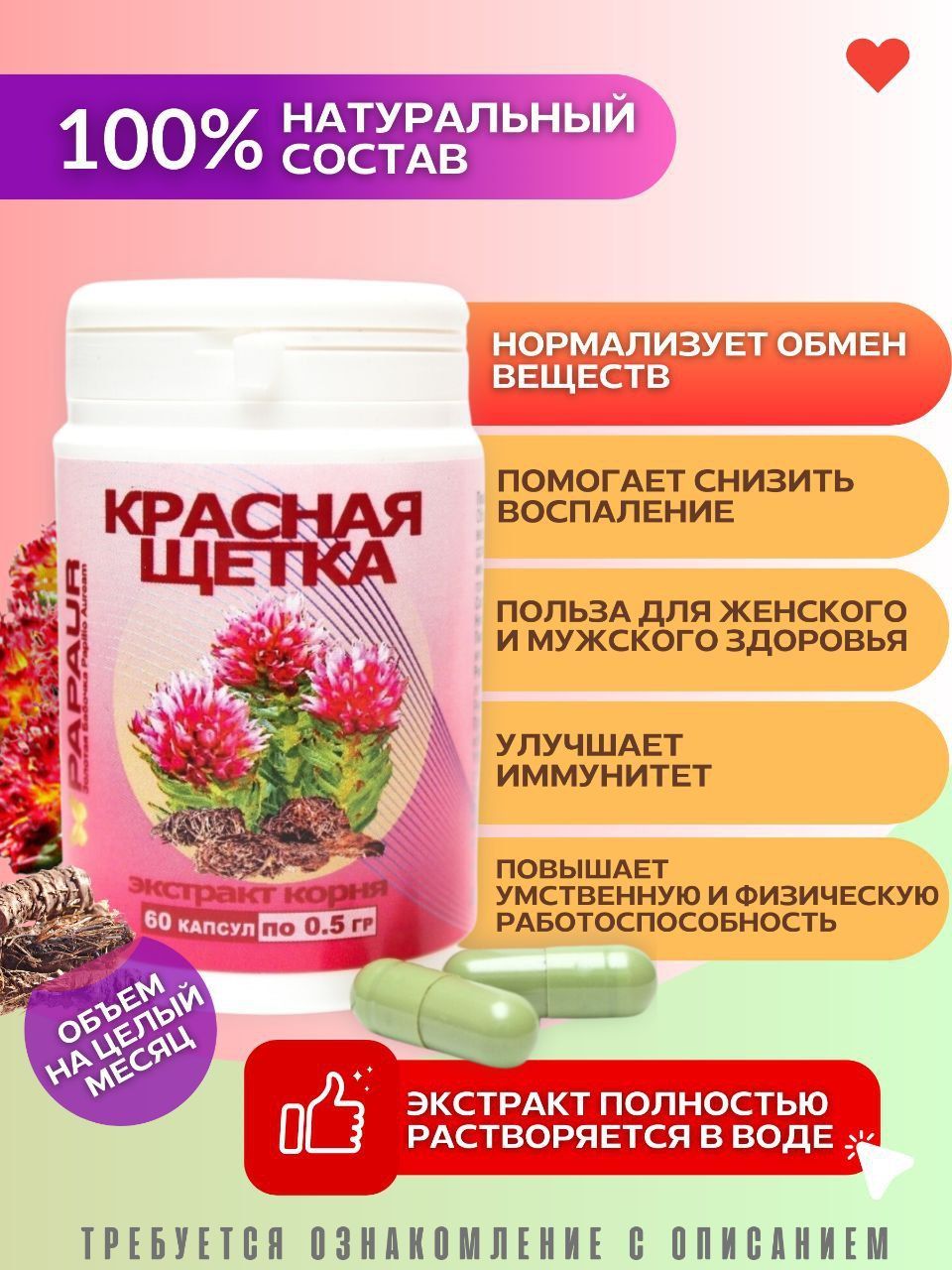 

Красная щётка экстракт корня водорастворимый сухой 100% Papaur капсулы 60 шт.