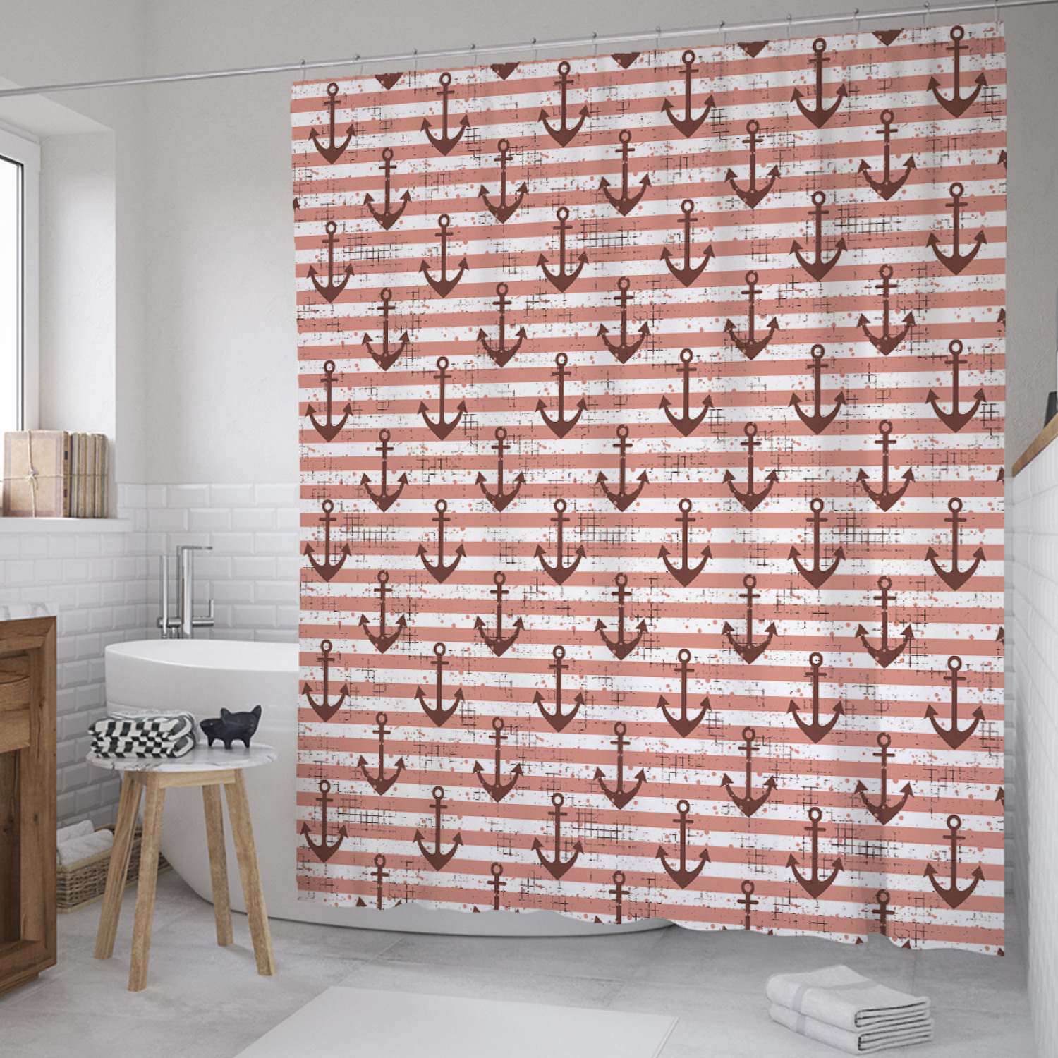 

Штора для ванной JoyArty "Якоря на полосах гранж" из сатена, 180х200 см с крючками, Розовый, Якоря на полосах гранж