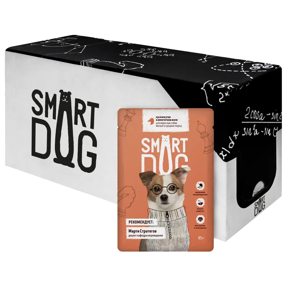 

Влажный корм для собак Smart Dog кусочки утки в желе, 25шт по 85г