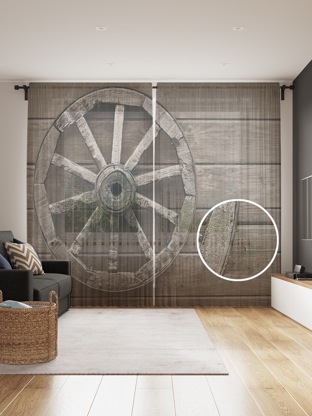 фото Фототюль joyarty "колесо на деревянной стене", 145x265см, 2 полотна, лента, 50 крючков