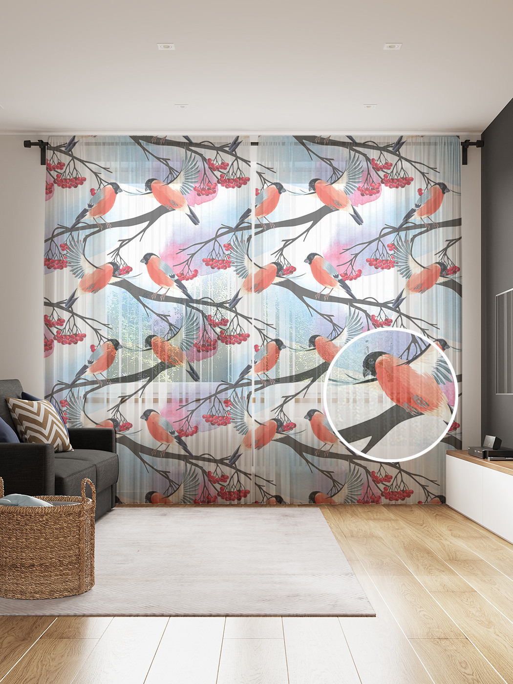 

Фототюль JoyArty "Снегири на рябиновых ветках", 145x265см, 2 полотна, лента, 50 крючков, Снегири на рябиновых ветках