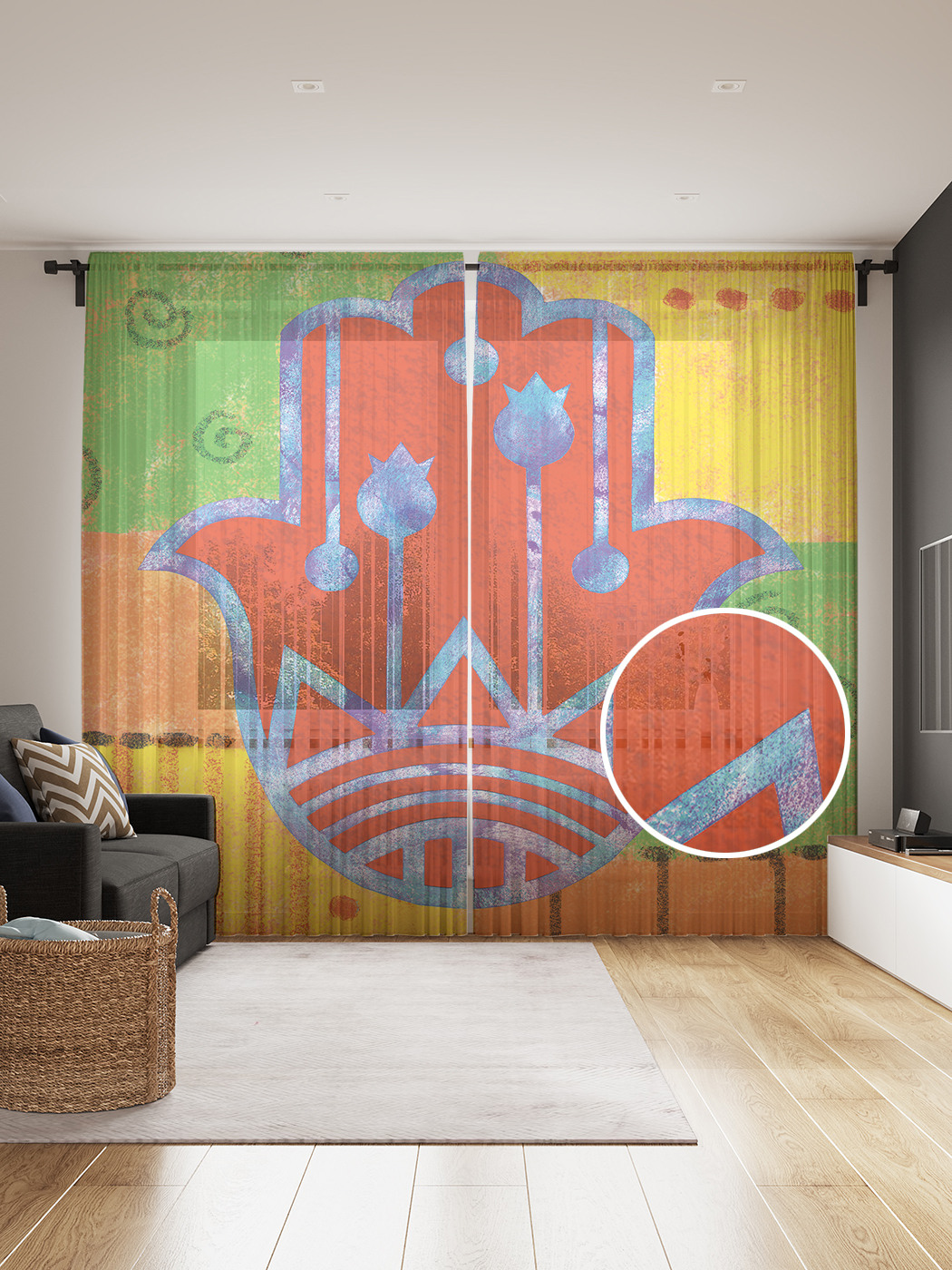 

Фототюль JoyArty "Образ хамсы на пэчворке", 145x265см, 2 полотна, лента, 50 крючков, Образ хамсы на пэчворке