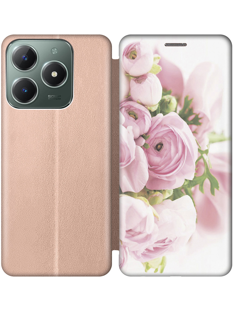 

Чехол-книжка на Realme C61 / C63 с принтом "Розовые розы" золотой, Золотистый;белый;розовый;серый, 785979621