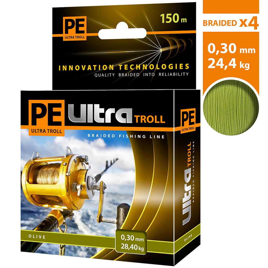 Плетеный шнур AQUA PE ULTRA TROLL Olive 0,30mm 150m, цвет - оливковый, test - 28,40kg