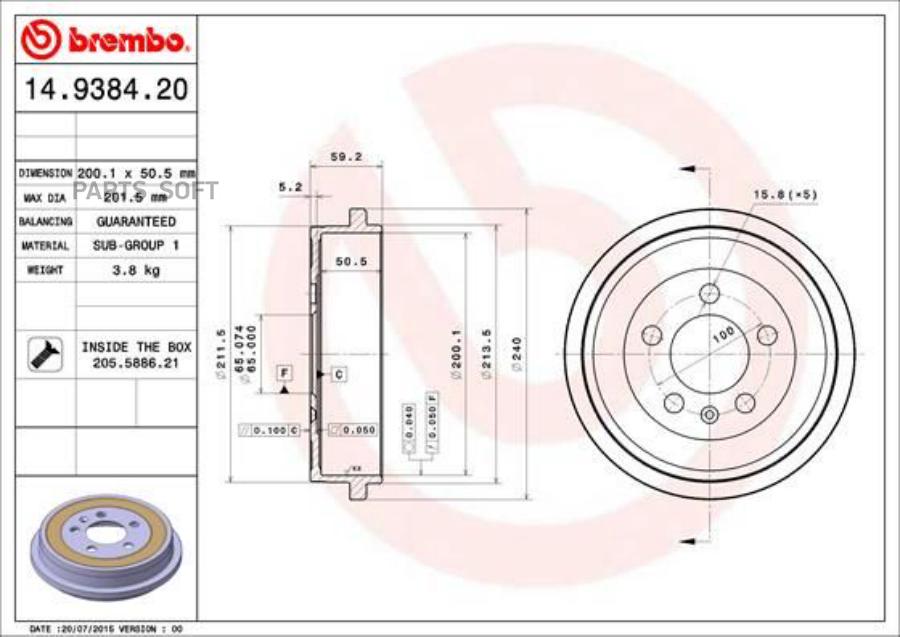 

BREMBO 14.9384.20 Барабан тормозной 14.9384.20 1шт