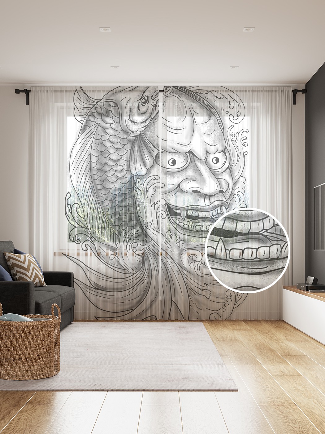 фото Фототюль joyarty "японская маска ханья", 145x265см, 2 полотна, лента, 50 крючков