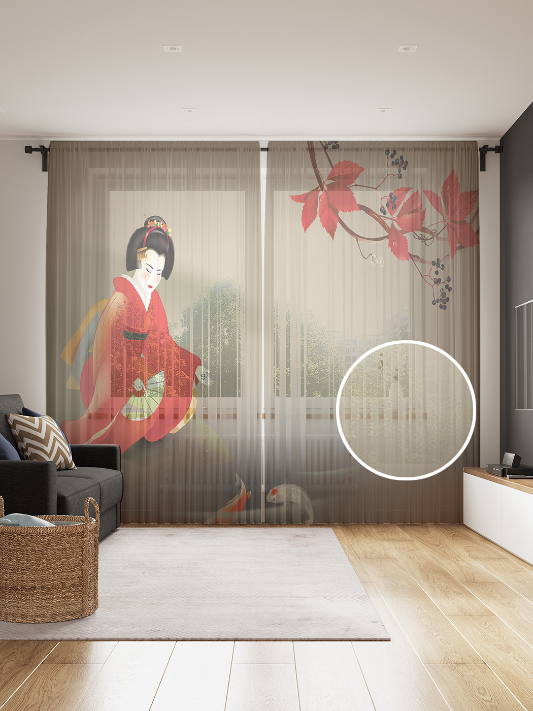 

Фототюль JoyArty "Кормление рыб кои", 145x265см (2 полотна со шторной лентой + 50 крючков), Кормление рыб кои